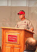 Jim Tressel addresses the media after the scrimmage