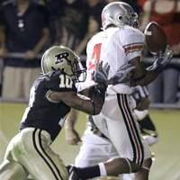 Ohio State wide receiver Ray Small, right, catches a pass for a touchdown in front of Purdue cornerback Jake Swank during the first quarter of college football action in West Lafayette, Ind., Saturday, Oct. 6, 2007. (AP Photo/Michael Conroy)