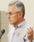 Head coach Jim Tressel meets with the media during football press day
