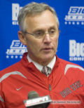 Head Coach Jim Tressel met with the medi following Ohio State's 45-10 victory at Northwestern. (Photo: Jim Davidson, The Ozone)