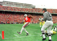 The Buckeye's David Boston heads for the end-zone, with one of his 2-TD receptions, in the Buckeye's 31-16 pasting of Michigan, at Ohio Stadium, in Columbus, Ohio, on Saturday, Nov. 21, 1998. Boston caught 10 passes for 217 yards, which is a record for a receiver against the Wolverines. 